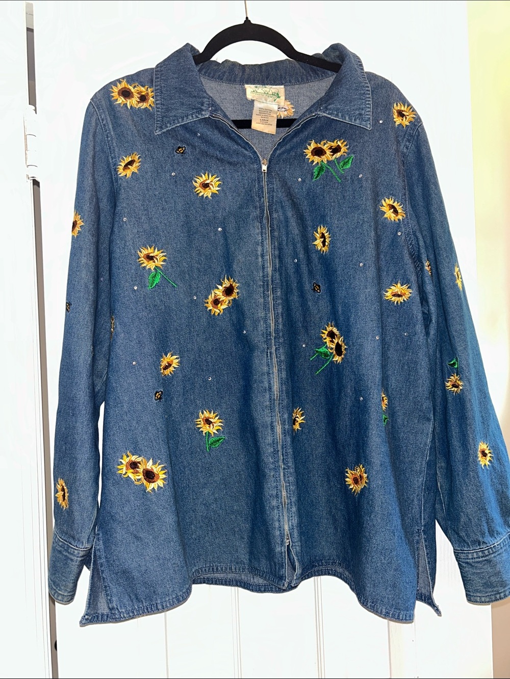 Quacker Factory Sunflower Embroidered Denim Zip Up Jacket Large 100% Cotton 90s